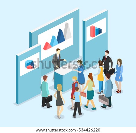 Isometric flat 3D concept vector exhibition or promotion stand. Trade show booth