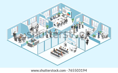 Isometric flat 3d abstract office floor interior departments concept vector. conference hall, offices, workplaces, director of the office interior