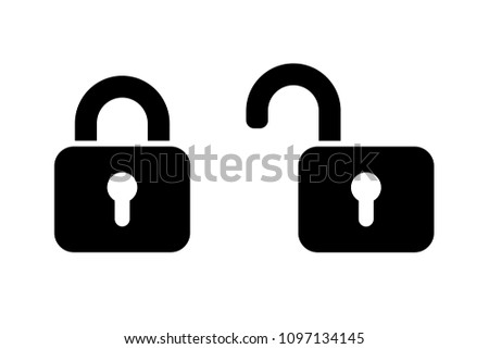 Black locked unlocked padlock icon, isolated vector illustration