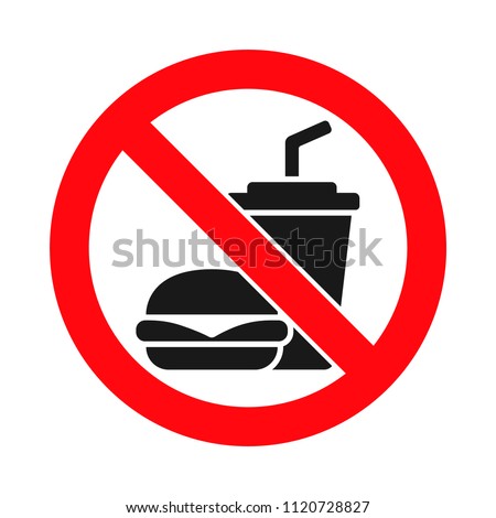 No food or drink allowed sign, eating or drinking prohibited, fast food prohibited, crossed out hamburger and soda cup, vector illustration