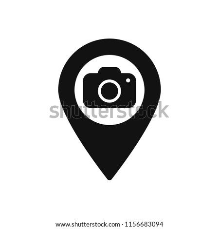 Map marker with Camera icon, map pin, GPS location symbol, vector illustration