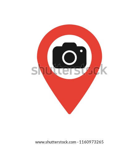 Map marker with Camera icon, map pin, GPS location symbol, vector illustration