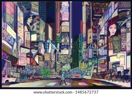 Vector Illustration of a street in New York city at night