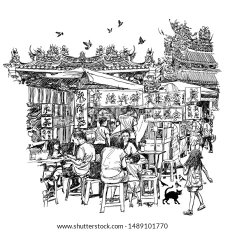 Street food in China near a temple - vector illustration (all chinese characters are fictitious)