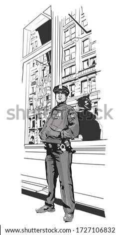 Police officer in duty on a street of Manhattan. New York City - vector illustration (Ideal for printing on fabric or paper, poster or wallpaper, house decoration, advertisement)