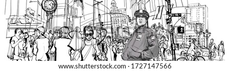 Police officer in duty on a street of Manhattan. New York City - vector illustration (Ideal for printing on fabric or paper, poster or wallpaper, house decoration, advertisement)