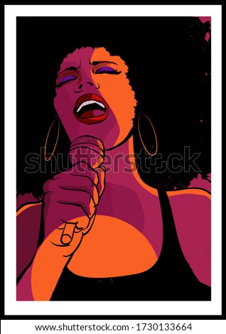 Beautiful afro-american woman singer with the microphone - vector illustration (Ideal for printing on fabric or paper, poster or wallpaper, house decoration)