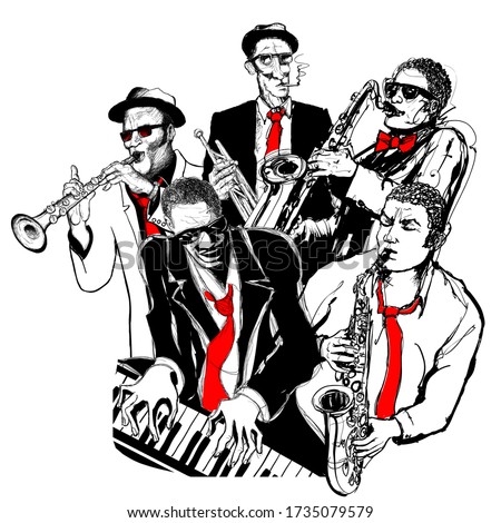 Jazz musicians playing trumpet, piano and saxophone - vector illustration (Ideal for printing on fabric or paper, poster or wallpaper, house decoration)