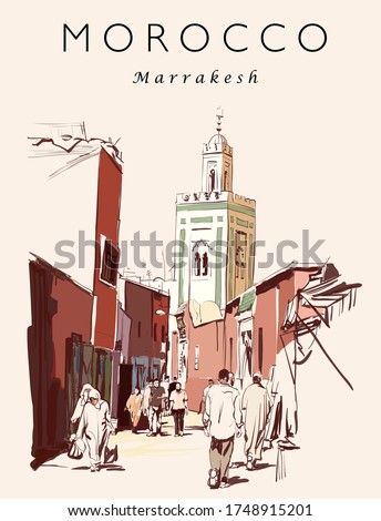 Street market in Marrakech, Morocco - vector illustration (Ideal for printing on fabric or paper, poster or wallpaper, house decoration) 