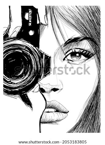 Beautiful young woman taking photo with a professioanl camera - vector illustration 