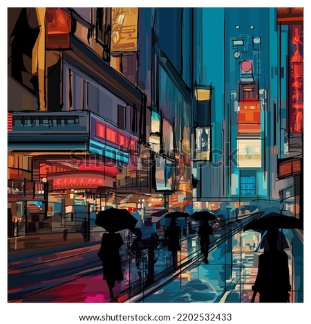 Original representation of Times square in New york on a rainy night.- vector illustration (Ideal for printing on fabric or paper, poster or wallpaper, house decoration)
