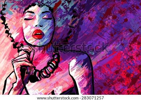 Jazz singer with microphone on grunge background - Vector illustration