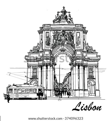 Commerce square in Lisbon with a tramway - Vector illustration