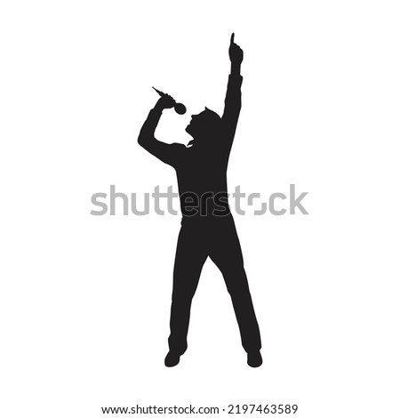 a vocalist is raising his hand and holding a mic, vector silhouette.