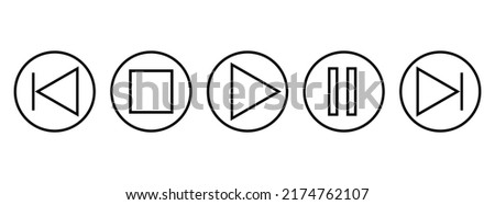 Set of media player buttons. Media player icons in circle isolated. Vector. thin lines.
