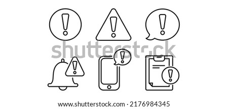 Set of simple icons with warning sign. line icons. Icon set: sign in circle and triangle, message in chat, call,  call and  file. set of six icons. Vector graphics.