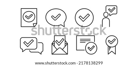 Approved, flag and message on social networks. Chat icons. Chat tooltip, tick or mark, quote icons for comments. Think approved to speak, a popup. Set of eight icons