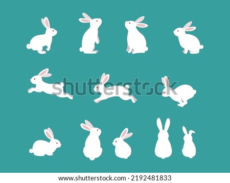 Cute white rabbits in various poses. Rabbit animal icon isolated on background. For Moon Festival, Chinese Lunar Year of the Rabbit, Easter decor.