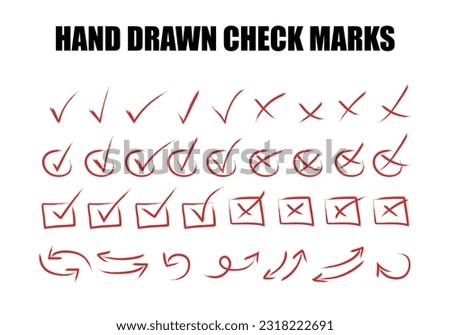 Hand-drawn red strokes and pen markings V marks collection, Doodle check right and wrong marks sign and underlines. Vector markers check handwritten signs and checkboxes, confirmation negative icons