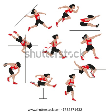 women decathlon athlete,  realistic female sport,  vector illustration, clip art, cartoon, decathlete drawing isolated on white background 