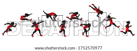 decathlon, women isolated on white background. Vector illustration, clip art, cartoon. Silhouette, black and red.