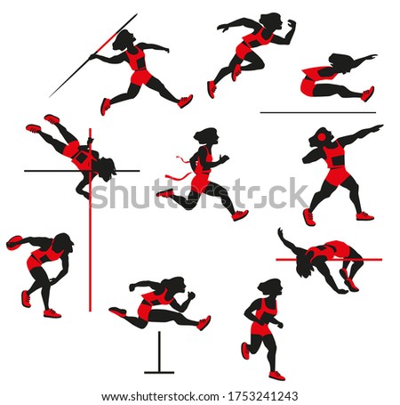 Decathlon women, silhouette, isolated on white background. Vector illustration, clip art, cartoon. Black and red.