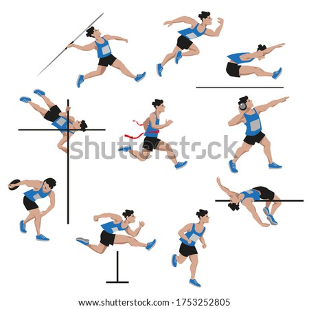 Decathlon, sport, sport discipline, sportsman, man, vector illustration, clip art, cartoon, Athletes in Decathlon's sports disciplines isolated on white background.