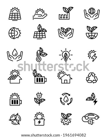 Renewable energy, e-mobility ecology, and technology icon set in outline design. cartoon, illustration, clip art, vector. Sign, Symbol.