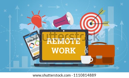 Colorful flat design of laptop with elements of work and words Remote work on blue world map background