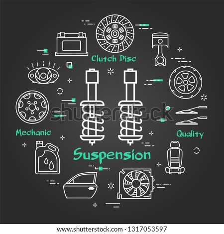 Vector linear round modern concept of suspension auto part. White outline shock absorber strut icon and black chalk board background. The different car parts and components are arranged on banner