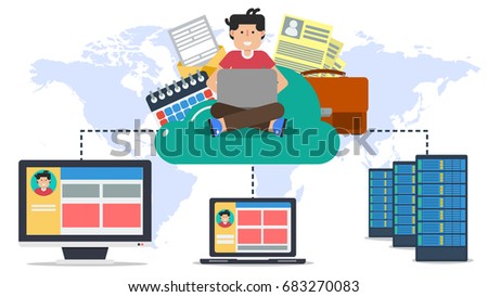 Vector horizontal business banner. Concept of cloud storage and safe data keeping in internet. Various data and user sitting on online cloud connected with server, computer and laptop in flat style