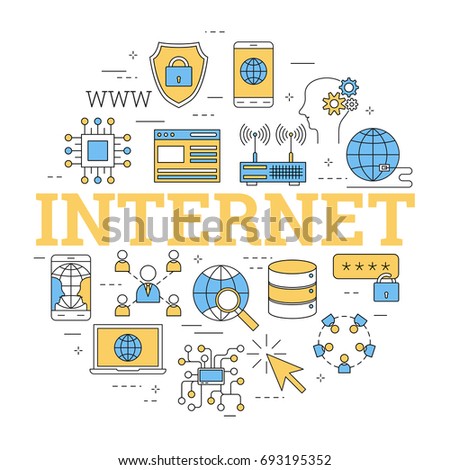 Vector linear round concept of worldwide network with letters INTERNET. Isolated illustration with outline icons in blue and yellow colors. Square web banner
