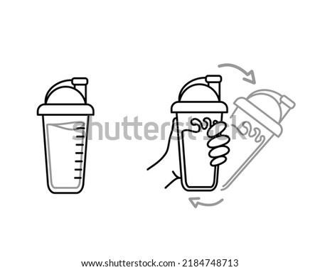 Protein cocktail shaker isolated on white background. Standing and shaking motion process blender cups. Vector illustration of linear icons with editable stroke.