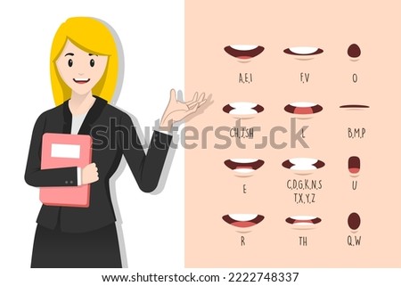 business woman posing for show with lip sync collection for animation. female mouth animation phoneme graphic. Alphabet pronunciation. Vector illustration.