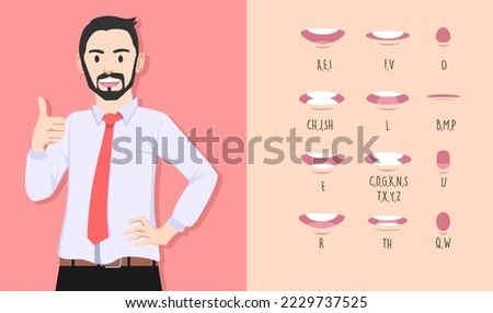 Businessman with thumbs up pose. Lip sync collection for animation. male mouth animation. Phoneme mouth chart. Alphabet pronunciation. Vector illustration.