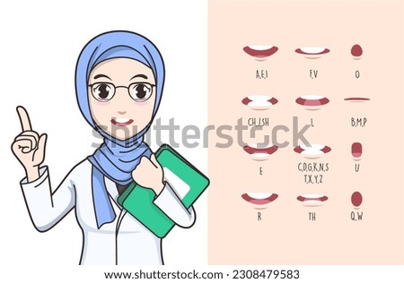 Woman wearing hijab lip sync. Lip sync collection for animation. male mouth animation. Phoneme mouth chart. Alphabet pronunciation. Vector illustration.