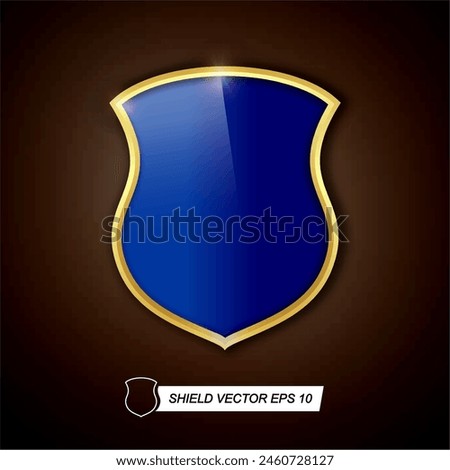 Metallic blue golden shield. Vector icon isolated on black background