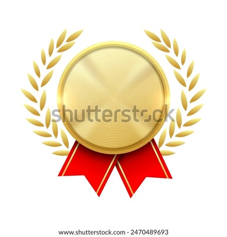 Gold Medal Vector. Golden blank space Place Badge. Sport Game Golden Challenge Award. Red Ribbon. 