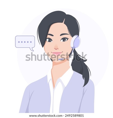 Young smiling woman with headphones and a microphone .Concept illustration for customer service, assistance, call center. Online customer support and helpdesk. Cartoon vector illustration