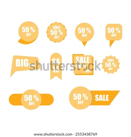 Various Bright Sale Labels Highlighting 50% Off Discounts	