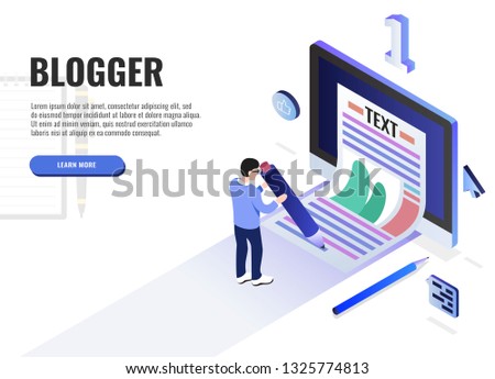 Blogging concept. User holds the pen with both hands and writes. Web banner, infographics. Isometric vector illustration.