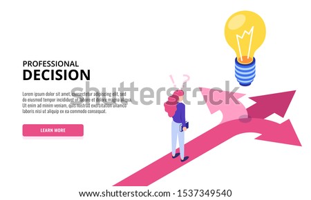 Choice process. Direction choose options, solution, decision. Woman thinking. Web banner. Isometric vector illustration. Сток-фото © 
