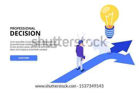 Choice process. Direction choose options, solution, decision. Man thinking. Web banner. Isometric vector illustration.