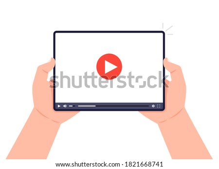 Hands holding tablet with video player on screen. Video marketing concept: tutorials, lectures, conference, webinar. Vector illustration.