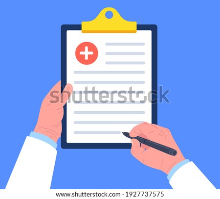 Doctor holding clipboard and takes notes on it. Medical prescription pad. Vector.