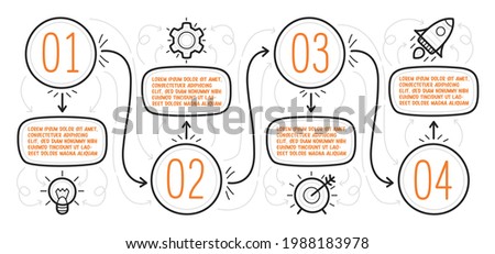 Hand drawn infographic. Four steps with text boxes can be used for timeline. Diagram for workflow. Vector illustration.
