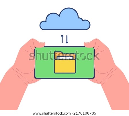 Hands holding smartphone with swapping files before cloud and server on screen. Cloud storage. Vector illustration. 