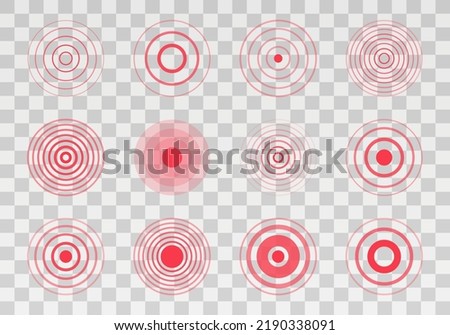 Set of pain red circles isolated on transparent background. The symbol of pain on the body and joints. Vector illustration.