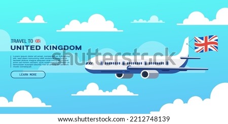 Travel to United Kingdom poster with flying plane and national flag. Banner for travel agency. Vector illustration.