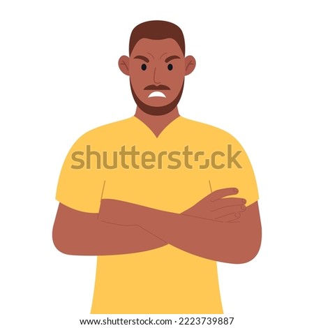 Unhappy african man in yellow t-shirt with crossed arms. Anger. Vector illustration.